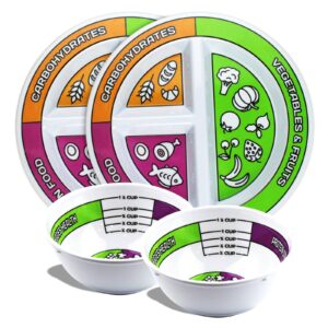 portion control bariatric plates and bowls set of 2 (4pcs total) - self-measuring plates and bowls for weight loss, gastric bypass surgery, lapband, diabetes and healthier diets, for adults & children