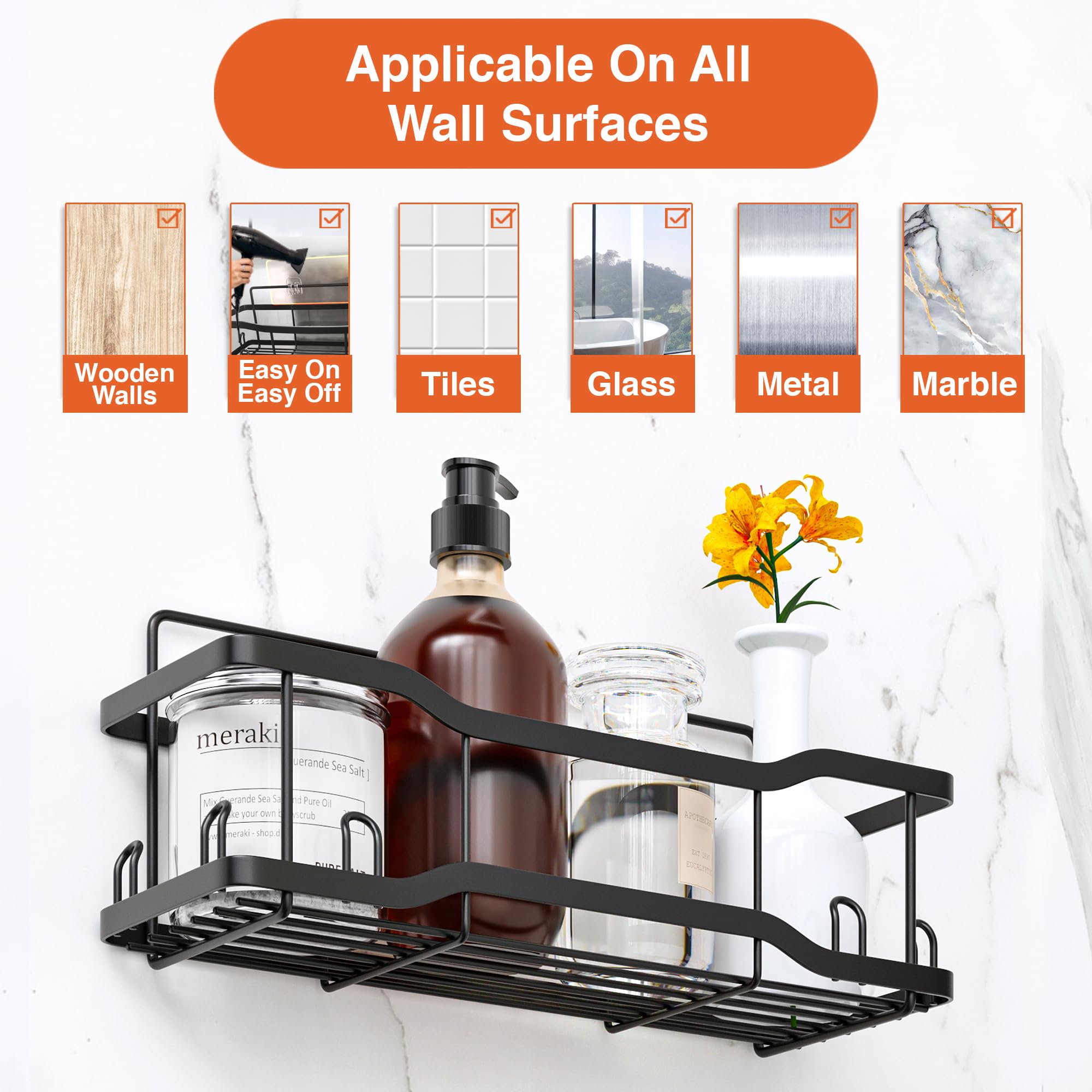 Shower Caddy Bathroom Shelves, The Athena Silken Black 4 Set, 40LB Capacity, Adhesive Tape - No Drill-Rustproof -Gorgeous Powder Coated 304 Stainless Steel Shower Organizer for kitchen and Home Decor