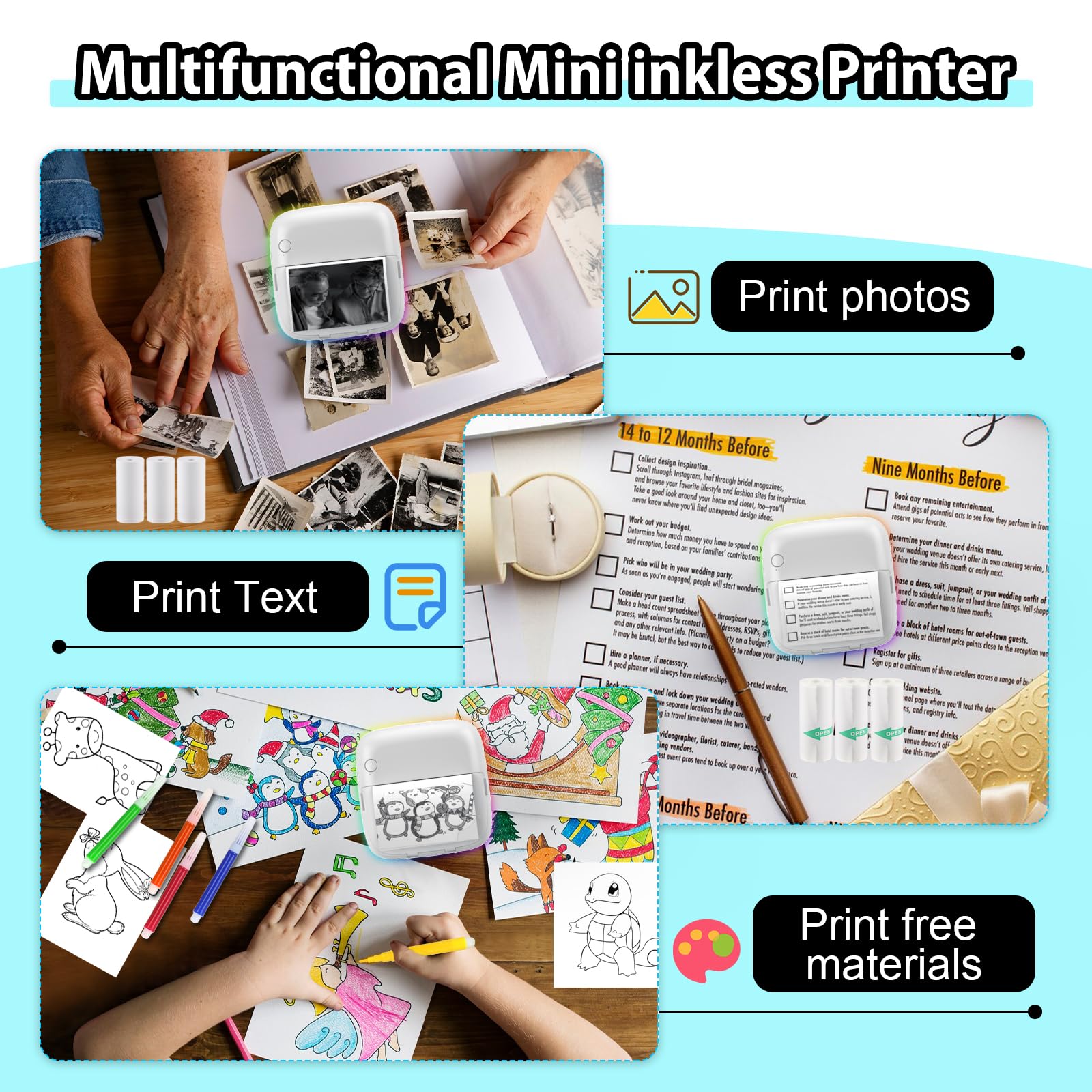 HuiJuKeJi Mini Sticker Printer with RGB Light Pocket Inkless Thermal Printer for iOS&Android, 9 Rolls Thermal Paper＆5 Color Pens, Bluetooth Smart Portable Receipt Printer for Photo Journal Notes Memo