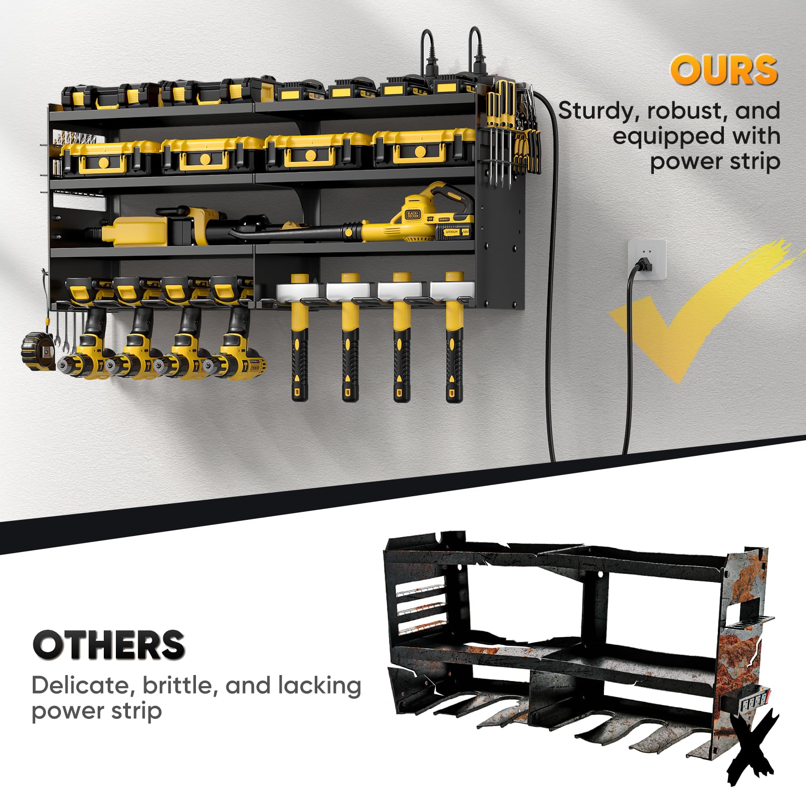 POKIPO Power Tool Organizer Wall Mount with Charging Station, 4 Layer Drill Holder Tool Storage 4 Outlet Power Strip Utility Rack with 6.56ft Cord