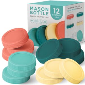 mason bottle plastic lids for mason jars (12-pack) - fits any regular mouth mason bottle - plastic mason jar lids w/silicone inner seal - rust-proof replacement jar lids (jars not included)