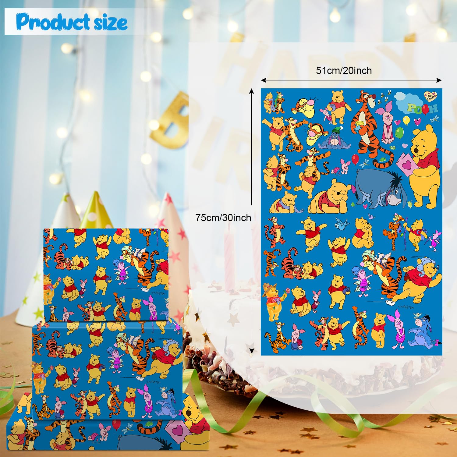 EYQQM Pack of 5 Pooh Gift Wrapping Paper 20" x 30" Kraft Paper Pooh Bear and Tigger Wrapping Paper Sheets Pack for Kids Birthday, Party Storage Festive Decoration (Blue Friends)