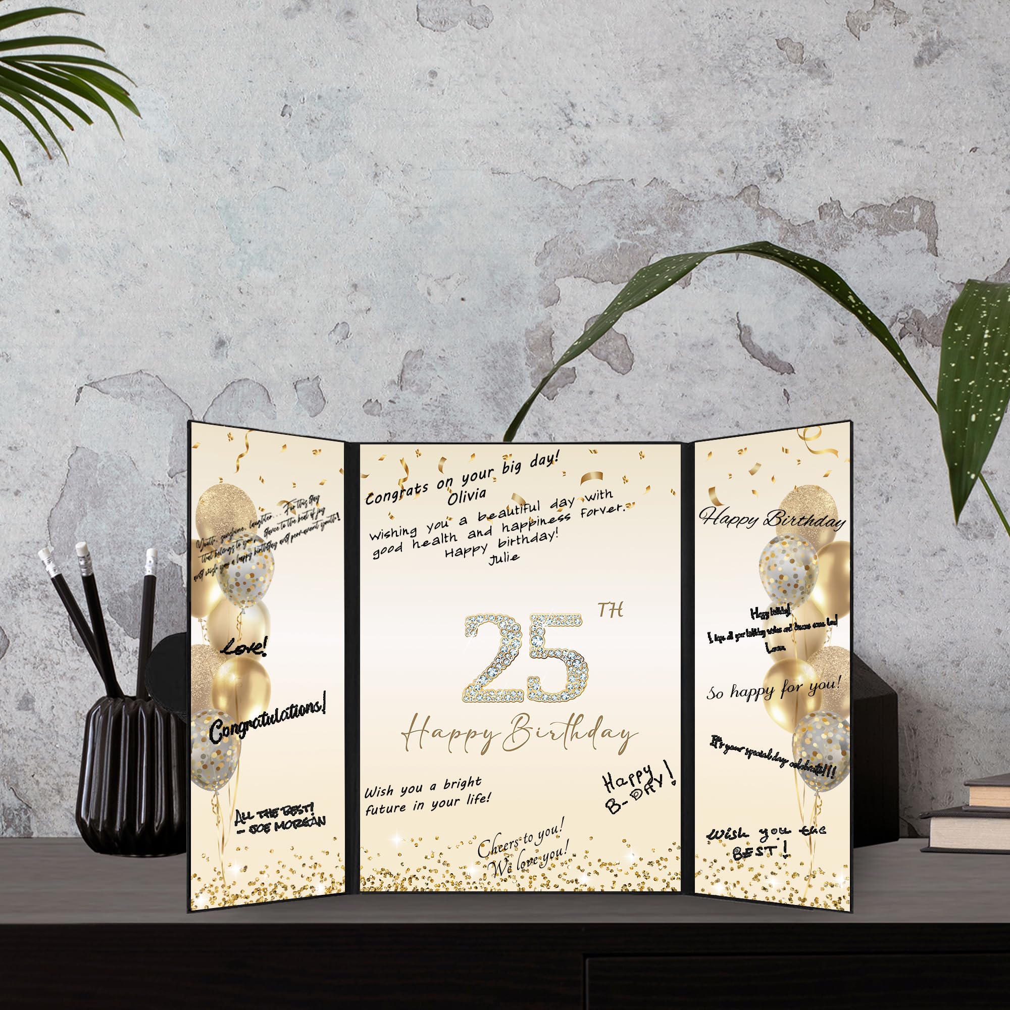 DARUNAXY Black Gold 25th Birthday Party Decorations, Happy 25th Birthday Alternative Signature Guest Book for Men Women Cheers to 25 Years Old Gifts 25 Birthday Signing Card Board Party Supplies