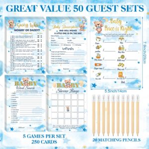 Patelai 321 Pcs Baby Shower Games Supplies, 5 Sets (50 Cards Each) Activities Cards with 20 Pencils 1 Don't Say Baby Sign 50 Clothespin(Blue Bear)