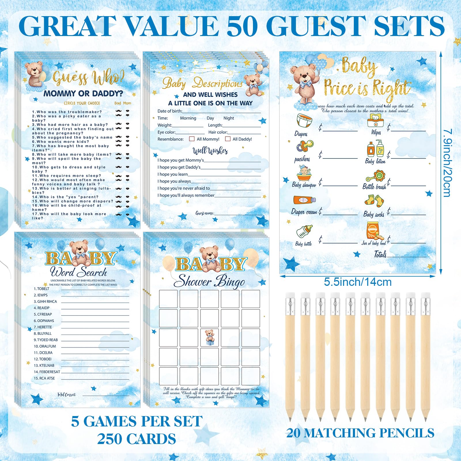 Patelai 321 Pcs Baby Shower Games Supplies, 5 Sets (50 Cards Each) Activities Cards with 20 Pencils 1 Don't Say Baby Sign 50 Clothespin(Blue Bear)