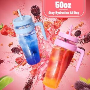 Hydraful 50 oz Tritan Plastic Tumbler with Lid and Straw and Handle - 100% Leak-Proof - Perfect for Iced Coffee, Smoothies, and Juice - Wide Mouth Reusable Water Bottle with Time Marker