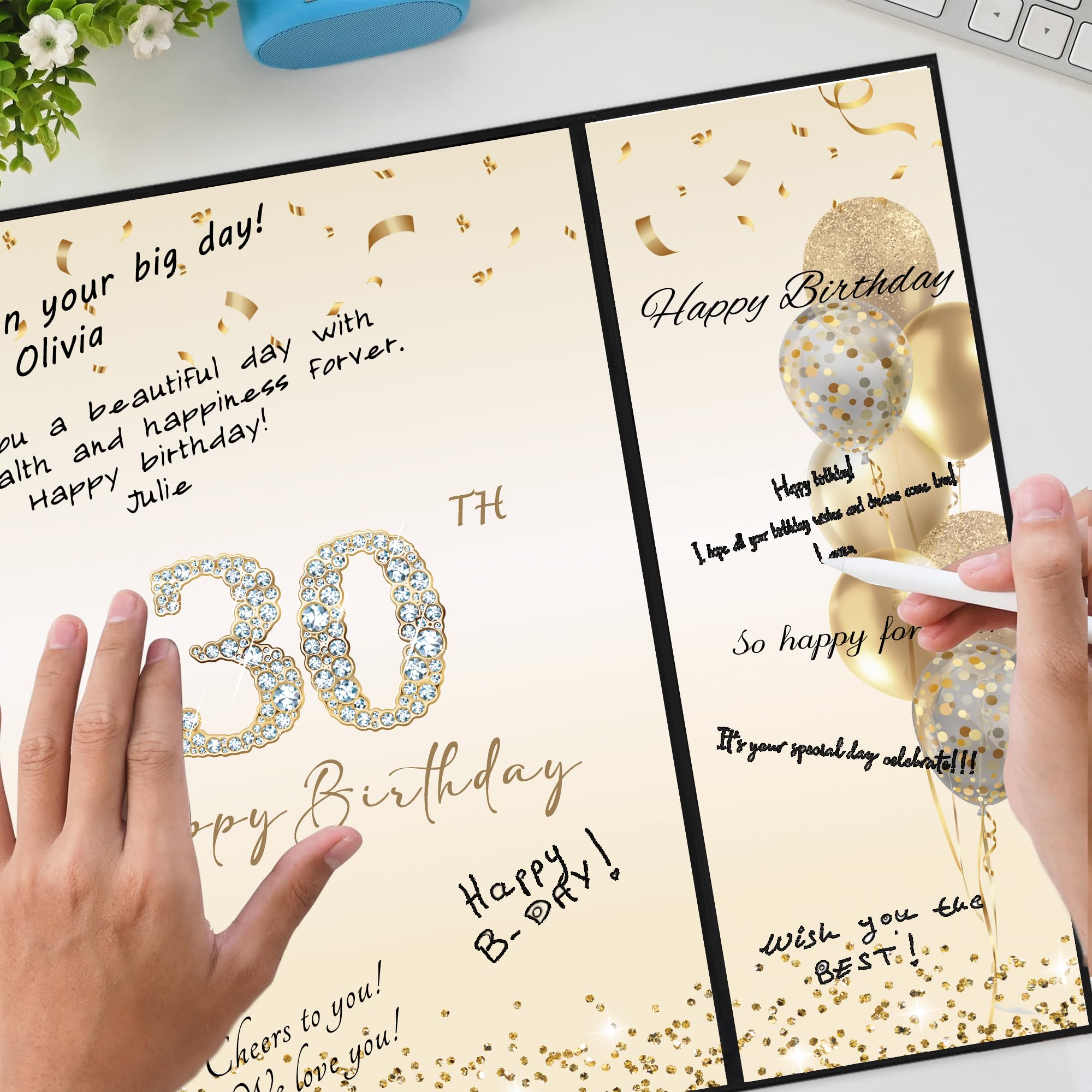 DARUNAXY Black Gold 30th Birthday Party Decorations, Happy 30th Birthday Alternative Signature Guest Book for Men Women Cheers to 30 Years Old Gifts 30 Birthday Signing Card Board Party Supplies