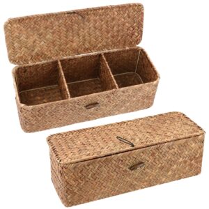 lnrueg 2 pcs woven basket with lid seagrass tank toilet roll storage narrow thin basket with 3 sections rectangular for organizing 12.6l x 4.7w x 4.1h inch