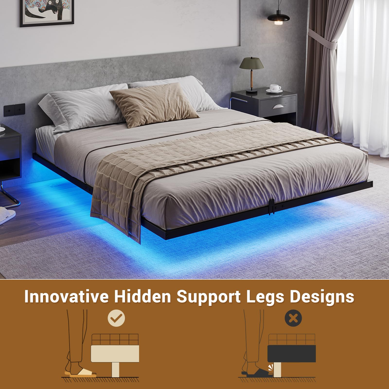 Hasuit Floating Bed Frame Queen Size with LED Lights, Metal Platform Queen Bed, No Box Spring Needed, Easy to Assemble (Queen)