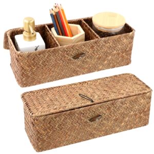 Lnrueg 2 PCS Woven Basket with Lid Seagrass Tank Toilet Roll Storage Narrow Thin Basket with 3 Sections Rectangular for Organizing 12.6L x 4.7W x 4.1H Inch