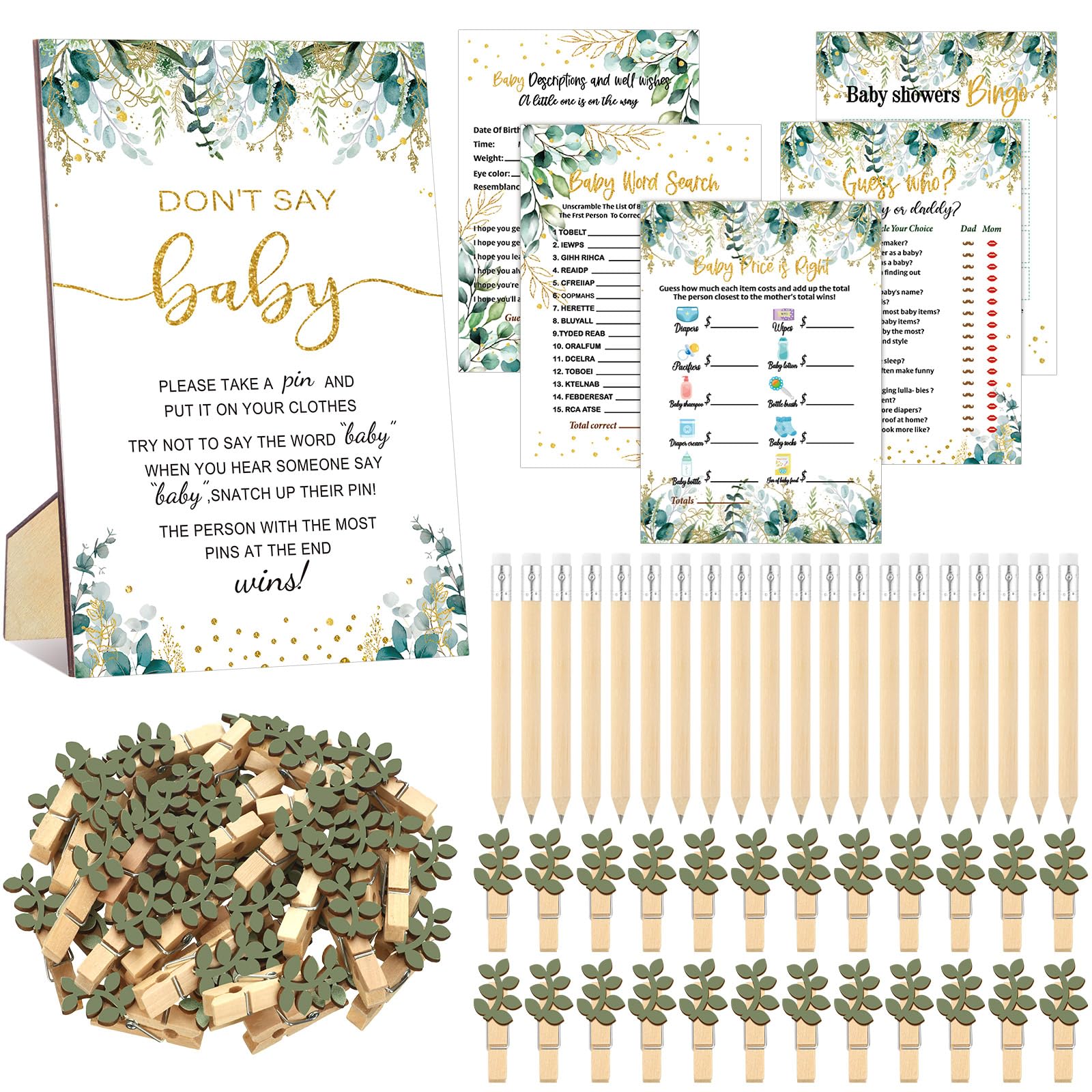 Patelai 321 Pcs Baby Shower Games Supplies, 5 Sets (50 Cards Each) Activities Cards with 20 Pencils 1 Don't Say Baby Sign 50 Clothespin(Greenery)