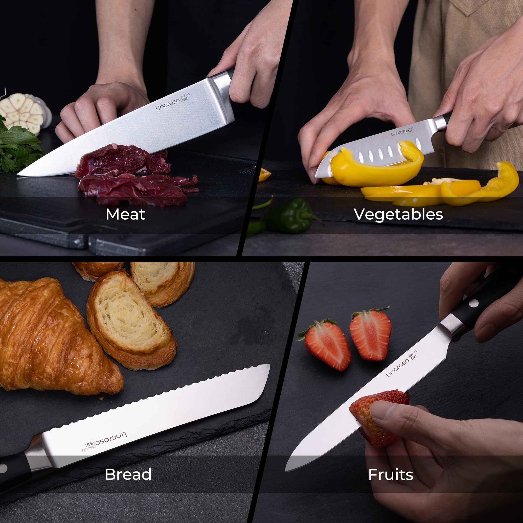 linoroso 5 Pcs Knife Set with Magnetic Knife Strip, Sharp High Carbon Stainless Steel Kitchen Knife Set for Cutting, Chopping & Slicing, Chef Knives Set with Magnetic Knife Holder for Wall