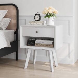 smart fendee white night stand with drawer, side table for small places, mid century modern nightstands with solid wood legs, beside tables for bedroom, 23.6" tall