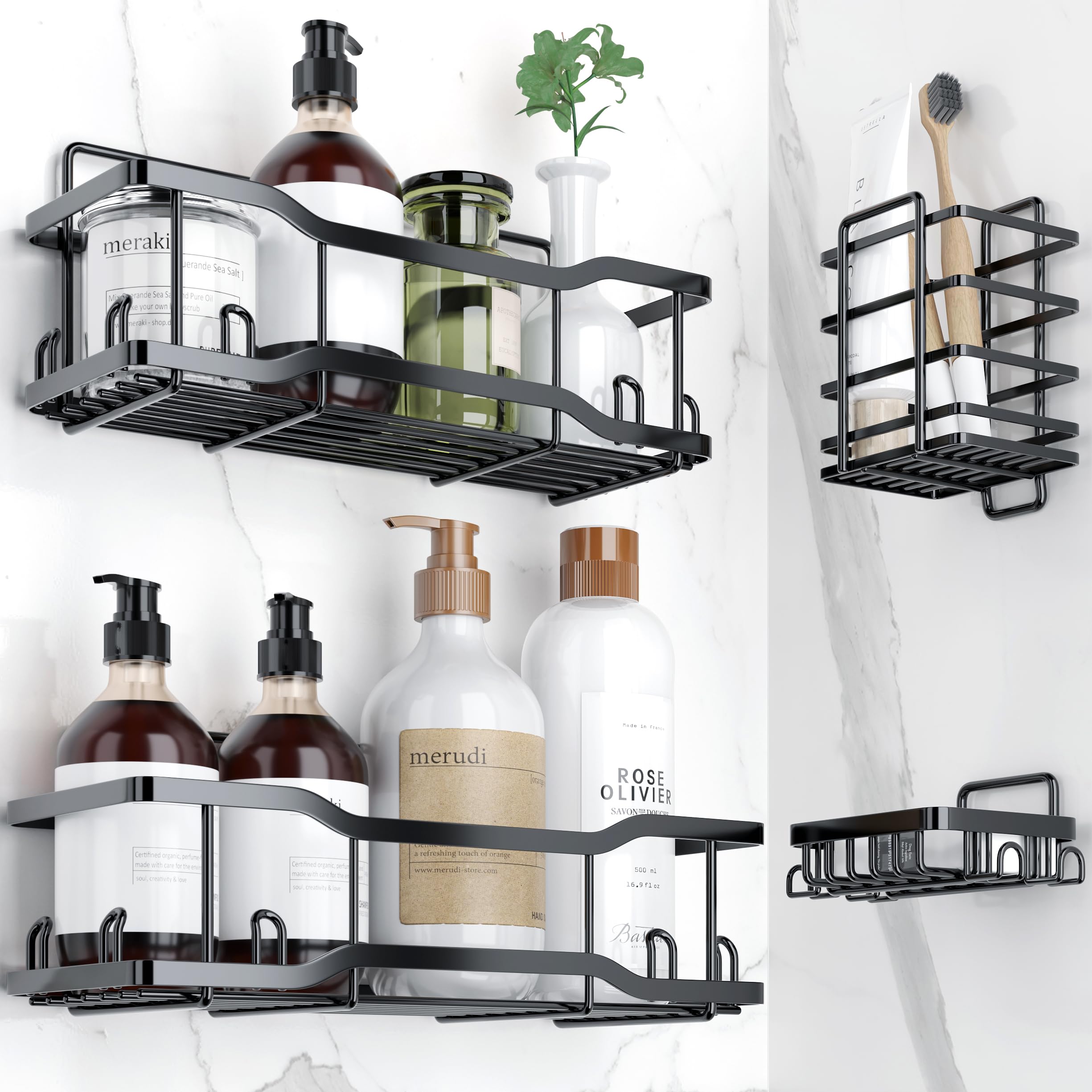 Shower Caddy Bathroom Shelves, The Athena Silken Black 4 Set, 40LB Capacity, Adhesive Tape - No Drill-Rustproof -Gorgeous Powder Coated 304 Stainless Steel Shower Organizer for kitchen and Home Decor