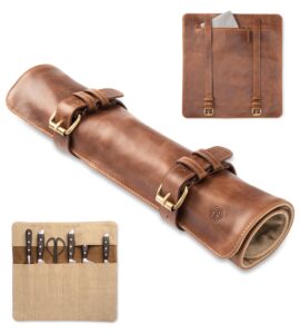 angus stoke knife roll bag, genuine buffalo leather - chef's knife bag with 7 slots + extra accessories bag soeren (mahogany)