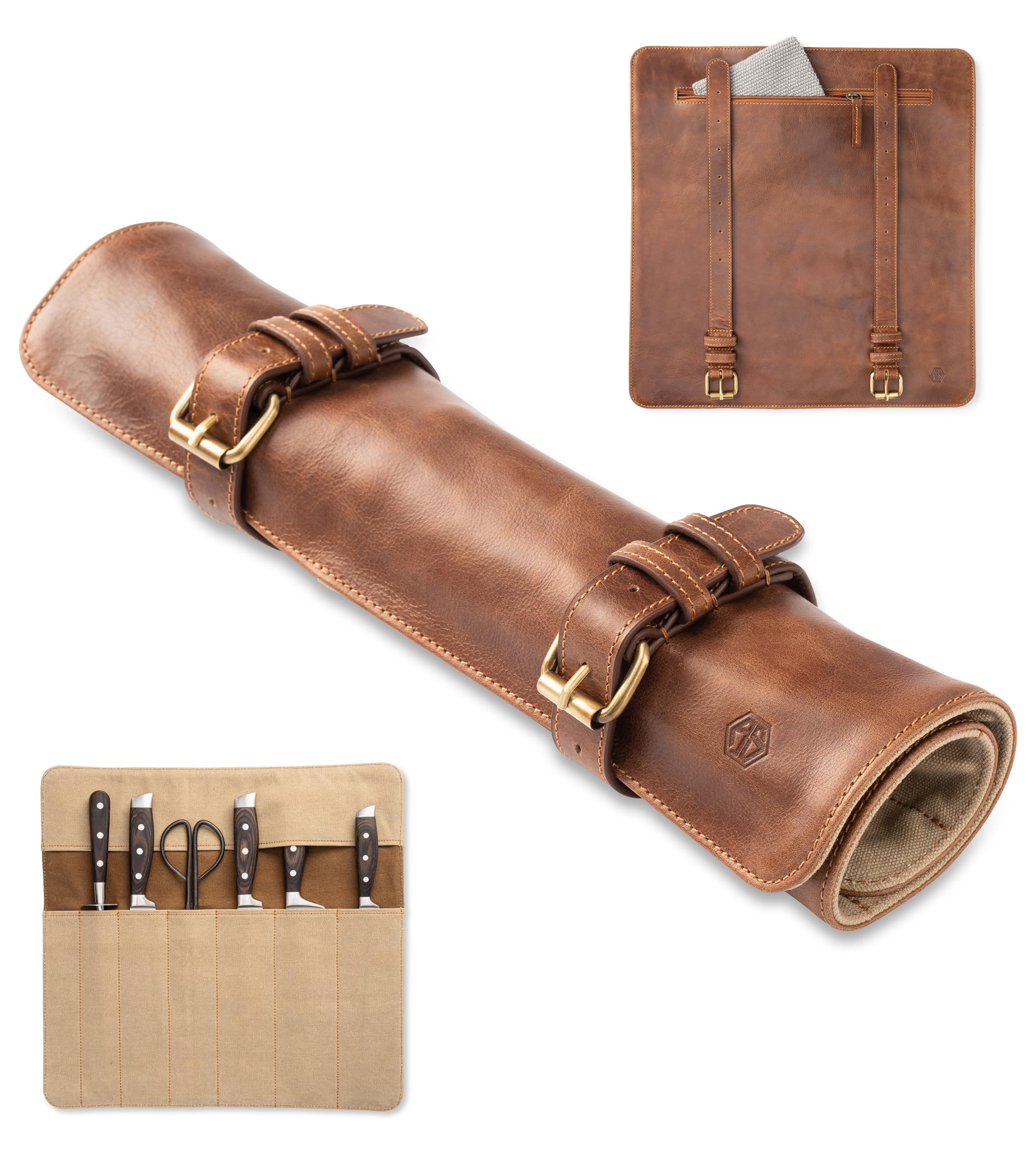 Angus Stoke knife roll bag, genuine buffalo leather - chef's knife bag with 7 slots + extra accessories bag Soeren (Mahogany)