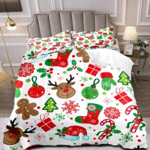 luvivihome 3pcs christmas comforter set queen size, boys girls kids bedding, cute reindeer snowflake gingerbread candy cane snowflake holiday christmas bedding, green red white quilt, 2 pillow shams