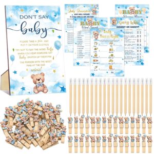 patelai 321 pcs baby shower games supplies, 5 sets (50 cards each) activities cards with 20 pencils 1 don't say baby sign 50 clothespin(blue bear)