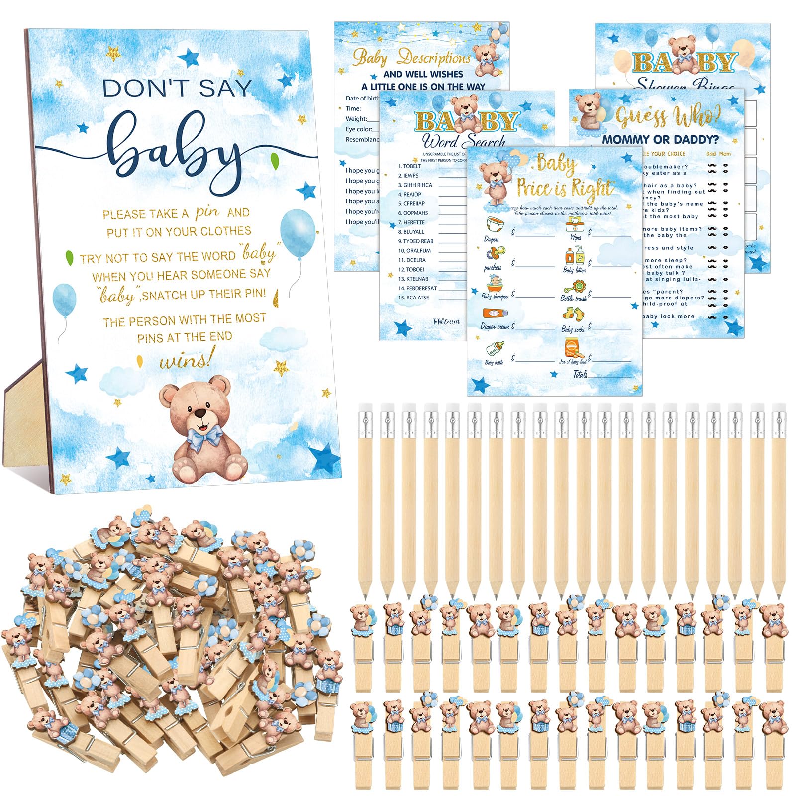 Patelai 321 Pcs Baby Shower Games Supplies, 5 Sets (50 Cards Each) Activities Cards with 20 Pencils 1 Don't Say Baby Sign 50 Clothespin(Blue Bear)