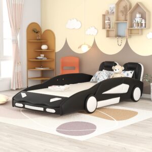 Harper & Bright Designs Twin Size Car-Shaped Platform Bed with Wheels, Faux Leather Upholstered Twin Bed Frame for Kids Boys Girls, No Box Spring Needed (Black)