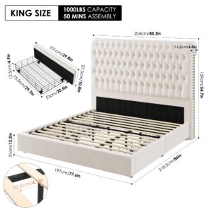 King Size Bed Frame 55" Tall Headboard with Gorgeous Button Tufted and Nail, Velvet Fabric Upholstered Bed Frame includes 4 Under-bed Storage Drawers, Wooden Slats, Noise-Free, Easy Assembly, Beige