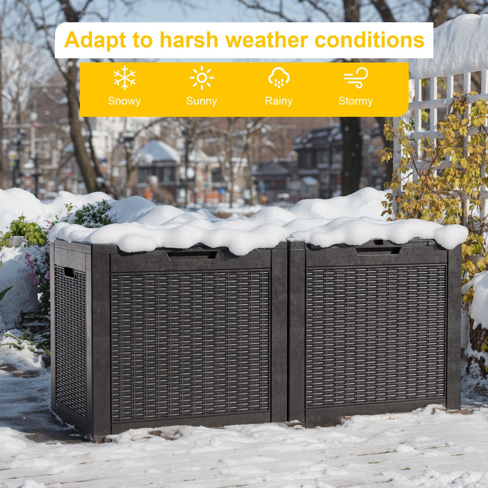 GGYI 31 Gallon Waterproof Outdoor Resin Deck Box with Lockable Lid, Stylish Wicker Pattern, Easy Assembly Features and Convenient Handles For Patio Cushion, and other Patio Furniture (Black)