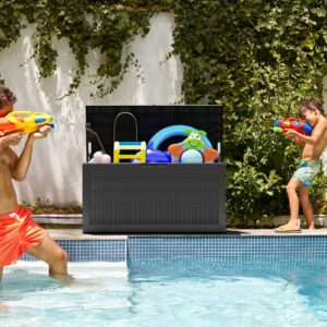 GGYI 100 Gallon Waterproof Outdoor Resin Deck Box with Lockable Lid, Stylish Wicker Pattern, Easy Assembly Features and Convenient Handles For Cushion, Pillows and other Patio Furniture (Black)