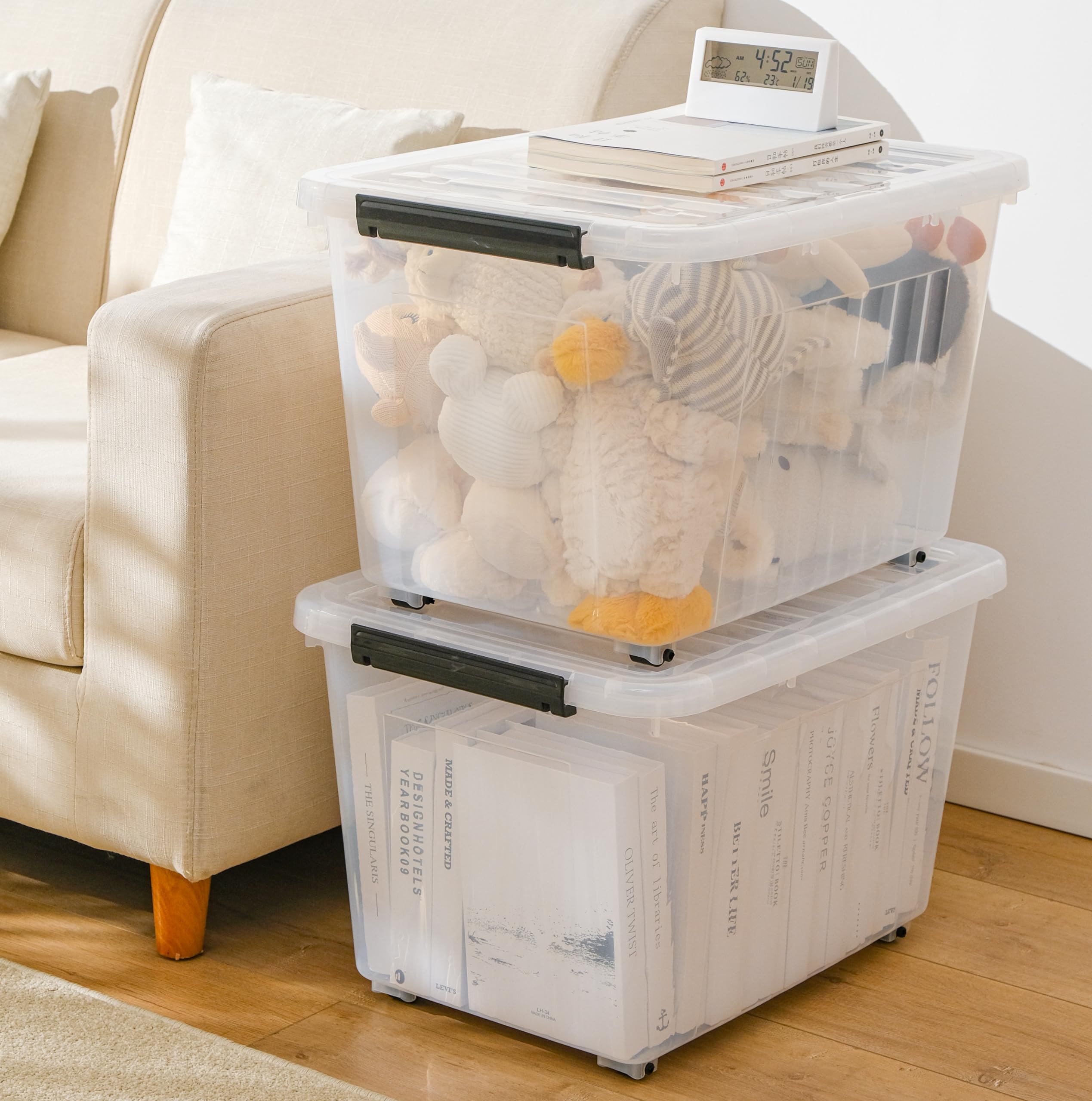 Cetomo Plastic Storage Bin Box Stackable and Nestable with Lid and Secure Latching Buckles, Clear, 85Qt x 4, Pack of 4