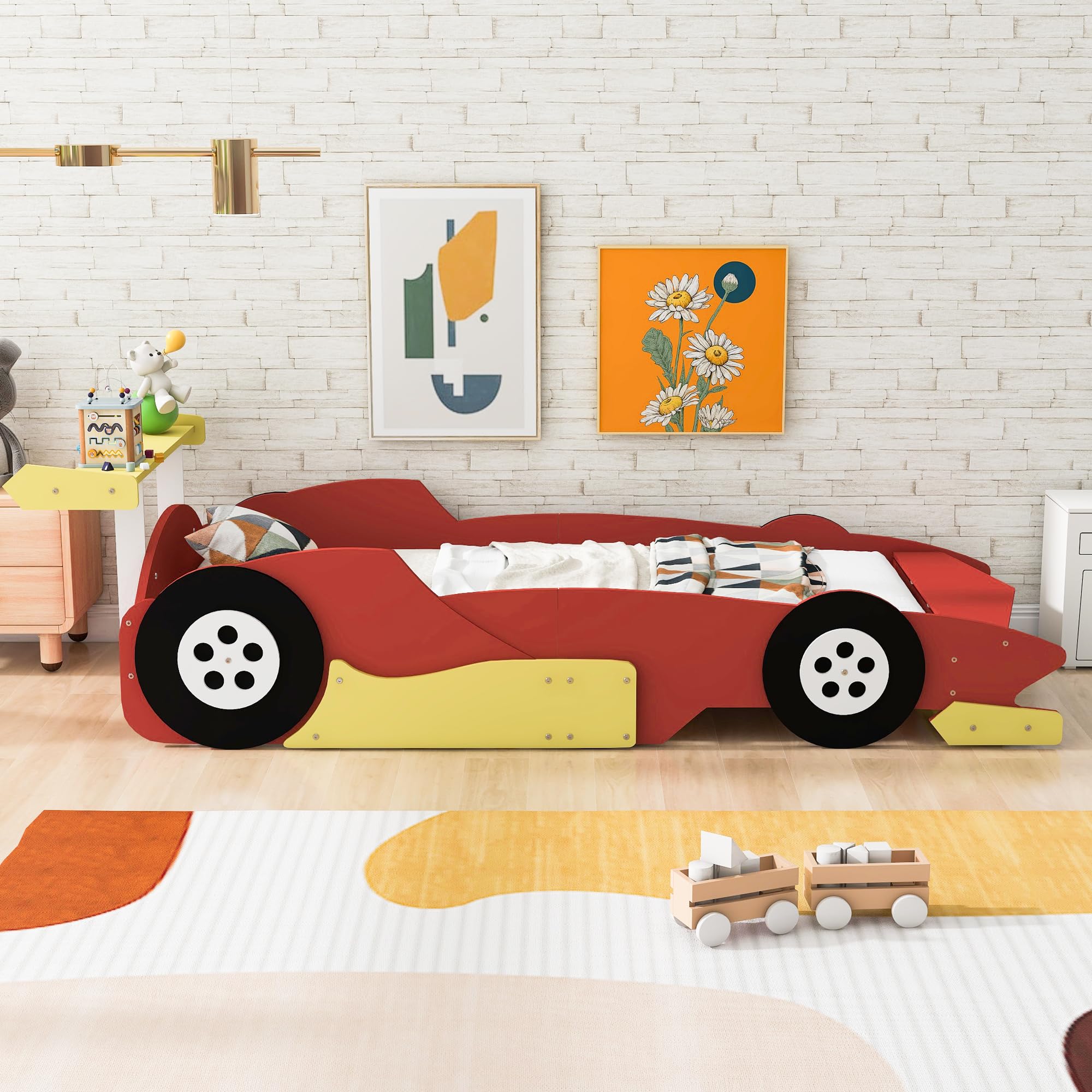 Linique Twin Size Race Car-Shaped Platform Bed with Wheels and Storage, Wood Twin Bed Frame No Box Spring Required, Red