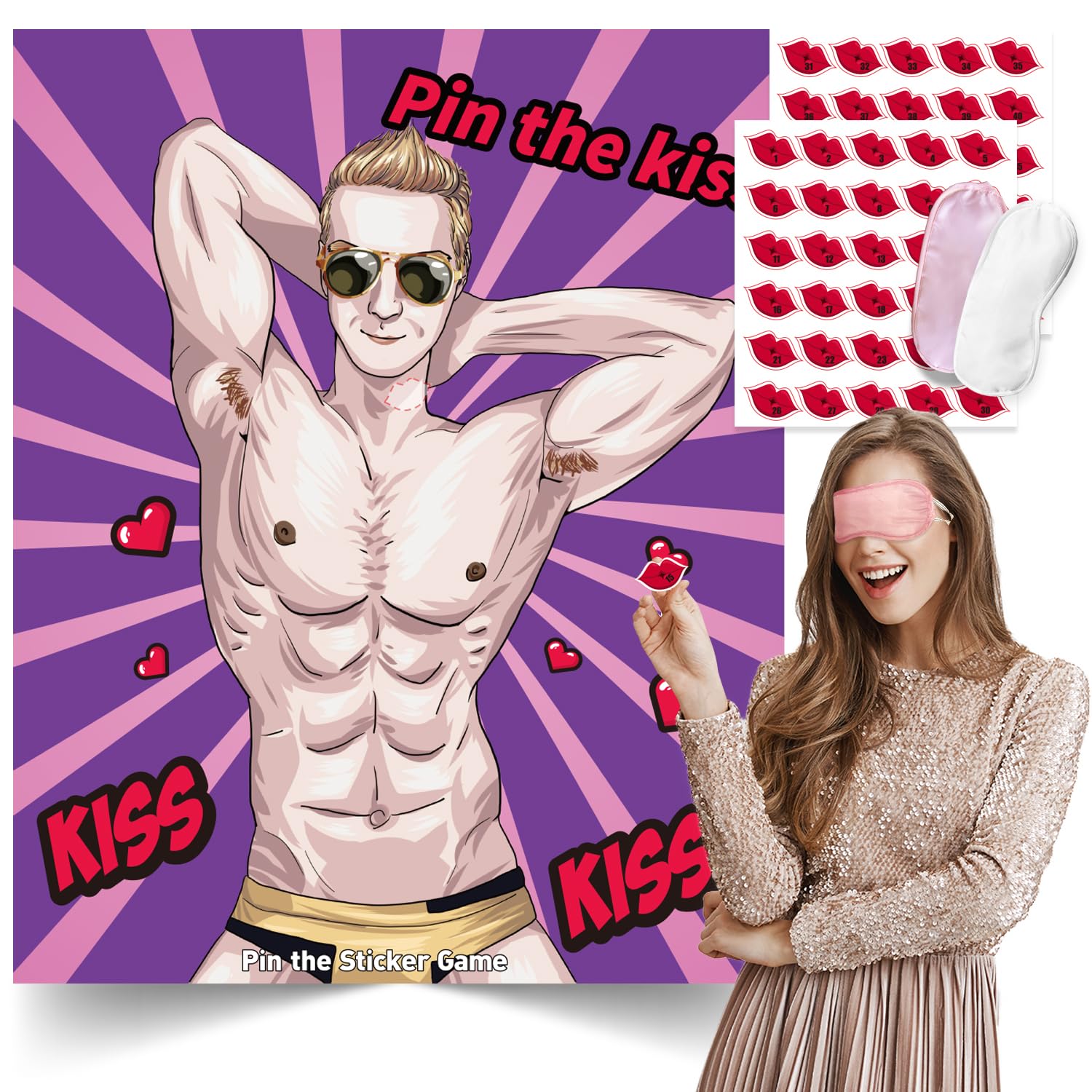 Bridal Shower Games Pin The Kiss On The Hunk, Girls Night Bachelorette Party Games 56 Guest