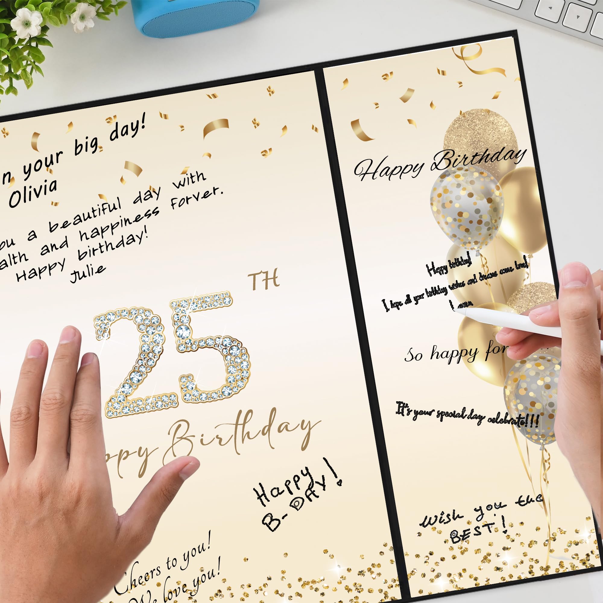 DARUNAXY Black Gold 25th Birthday Party Decorations, Happy 25th Birthday Alternative Signature Guest Book for Men Women Cheers to 25 Years Old Gifts 25 Birthday Signing Card Board Party Supplies