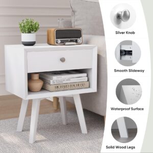 Smart FENDEE White Night Stand with Drawer, Side Table for Small Places, Mid Century Modern Nightstands with Solid Wood Legs, Beside Tables for Bedroom, 23.6" Tall