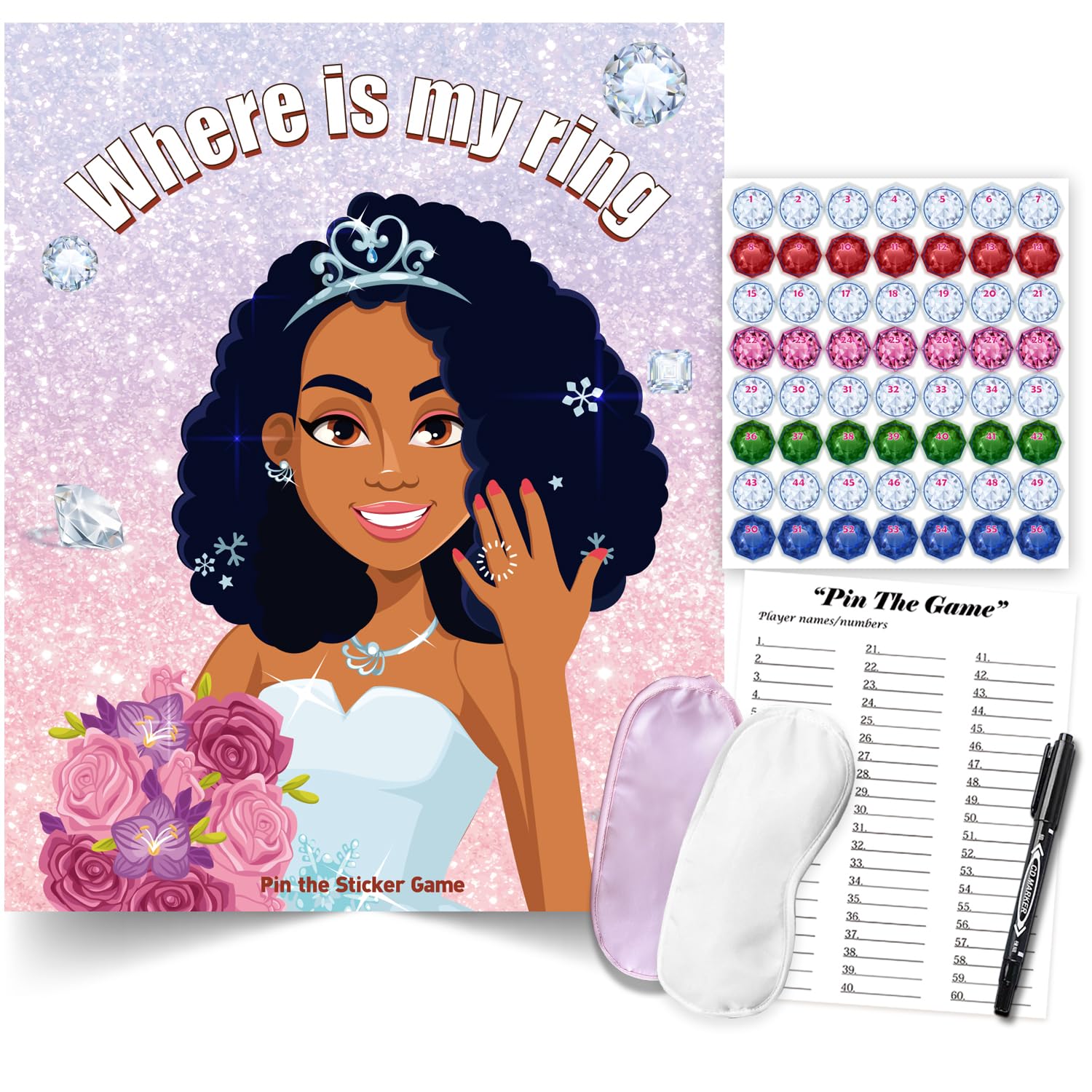 Bridal Shower Bachelorette Party Games, Pin The Ring on The African American Bride Game Bridal Shower Wedding Engagement Party Games Girls Night - 56 Guests