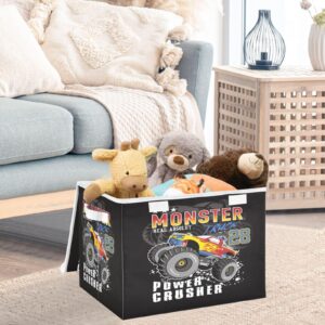 DIGTIA Cool Monster Truck Storage Bins with Lids Collapsible Storage Boxes with Handles Cartoon Car Foldable Organizer Containers for Closet Toys Home Bedroom Office