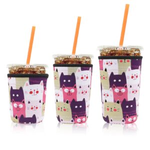 desing wish 3 pack reusable iced coffee protective sleeves cup insulator neoprene coffee cup cooler sleeves holders for 16-18oz/ 22-24oz/ 30-32oz cold drinks - cats