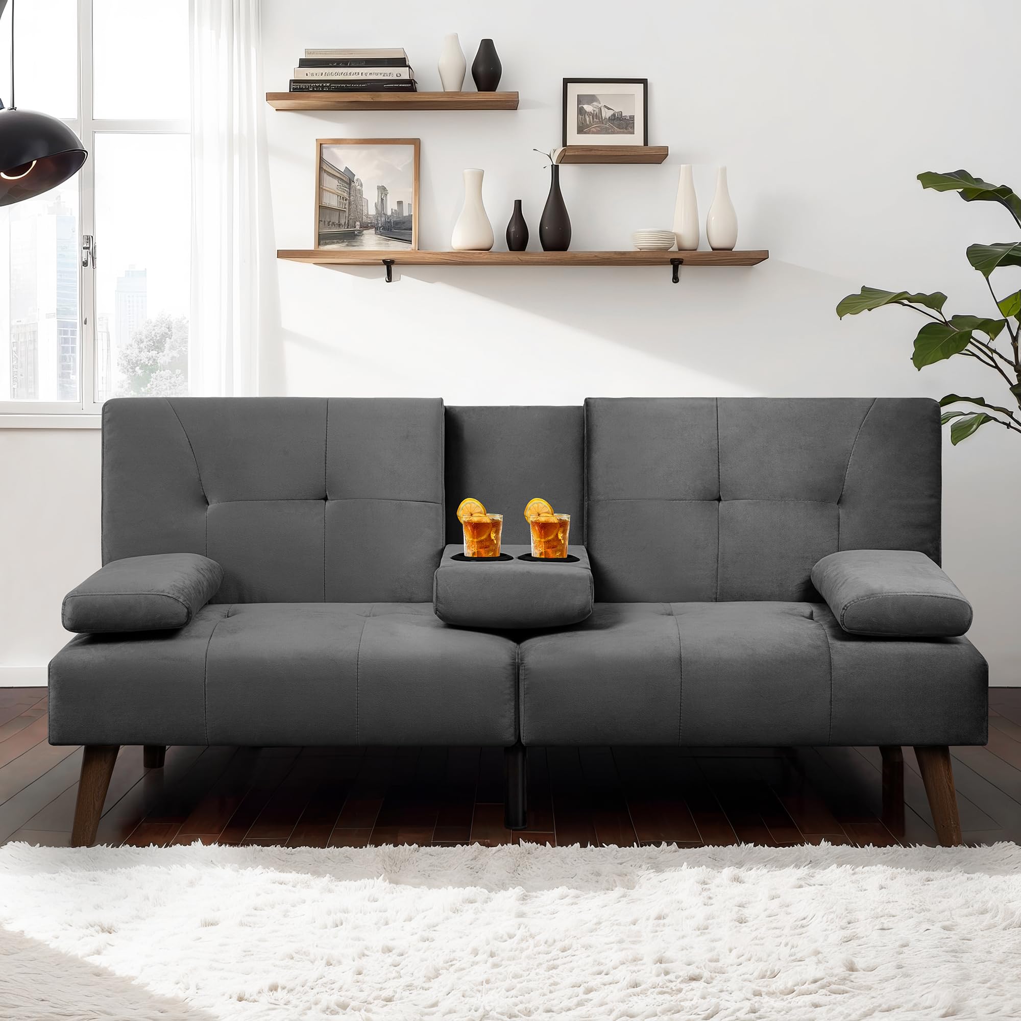 JAMFLY Futon Couch Sofa Bed Convertible, Small Sleeper Sofa Chair Loveseat with Cup Holder for Small Spaces, Living Room, Bedroom, Gameroom, Apartment, Dorm (Dark Gray)