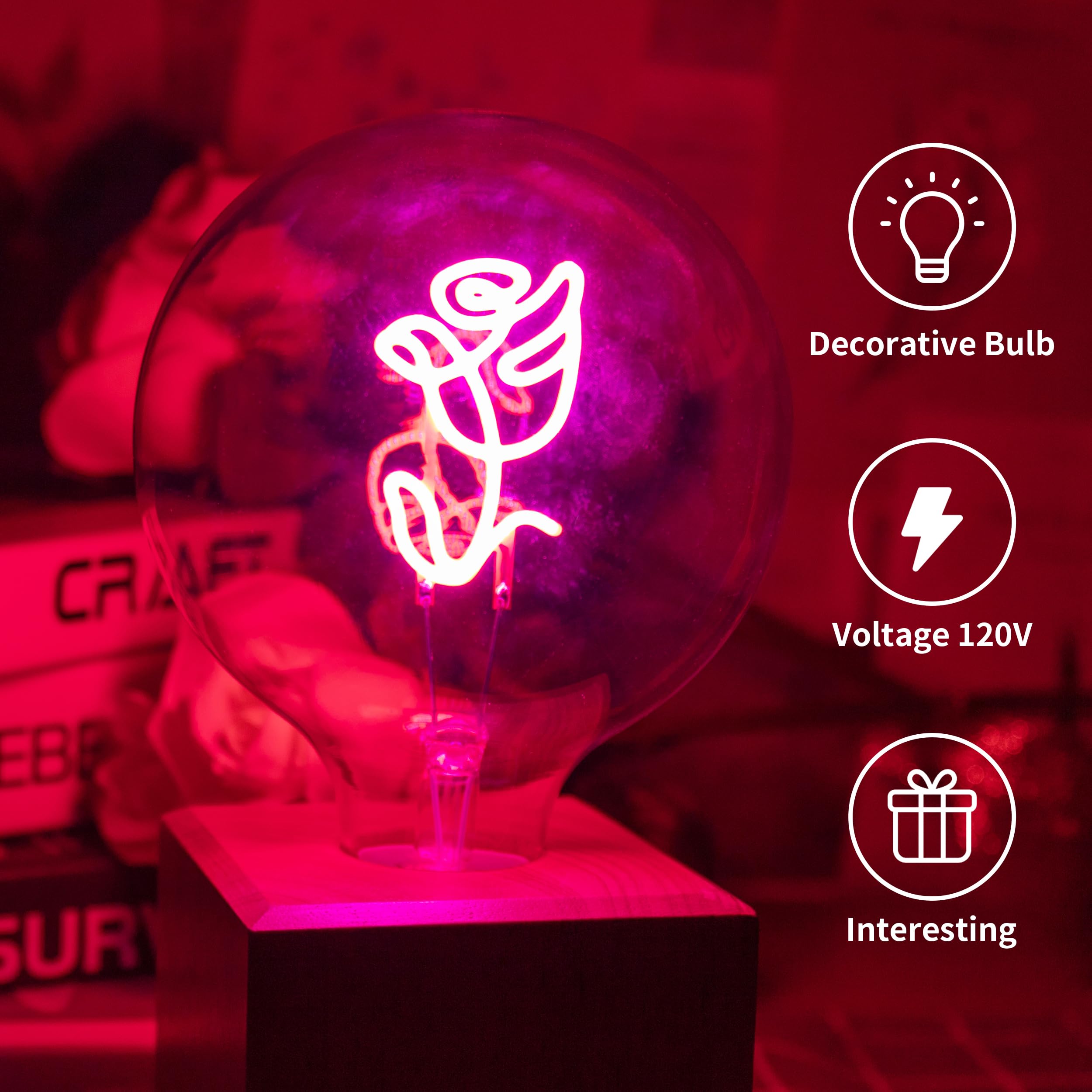 CybaaLuxzus 2W LED Decorative Light Bulb,Happy Signed Bulb,Rose Design Light Bulbs,Filament Bulb,Globe Led Light Bulbs,Soothing Light Bulbs,G125 120V