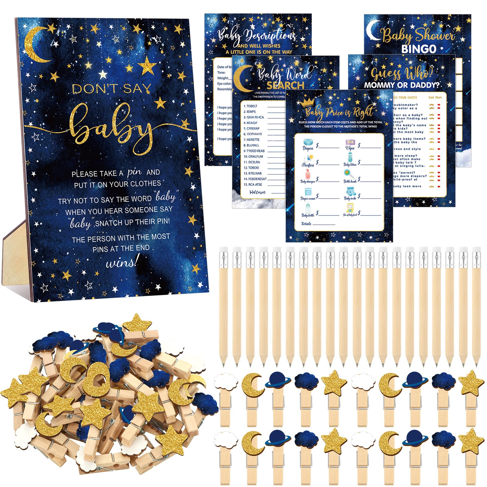 Patelai 321 Pcs Baby Shower Games Supplies, 5 Sets (50 Cards Each) Activities Cards with 20 Pencils 1 Don't Say Baby Sign 50 Clothespin(Twinkle Little Star)