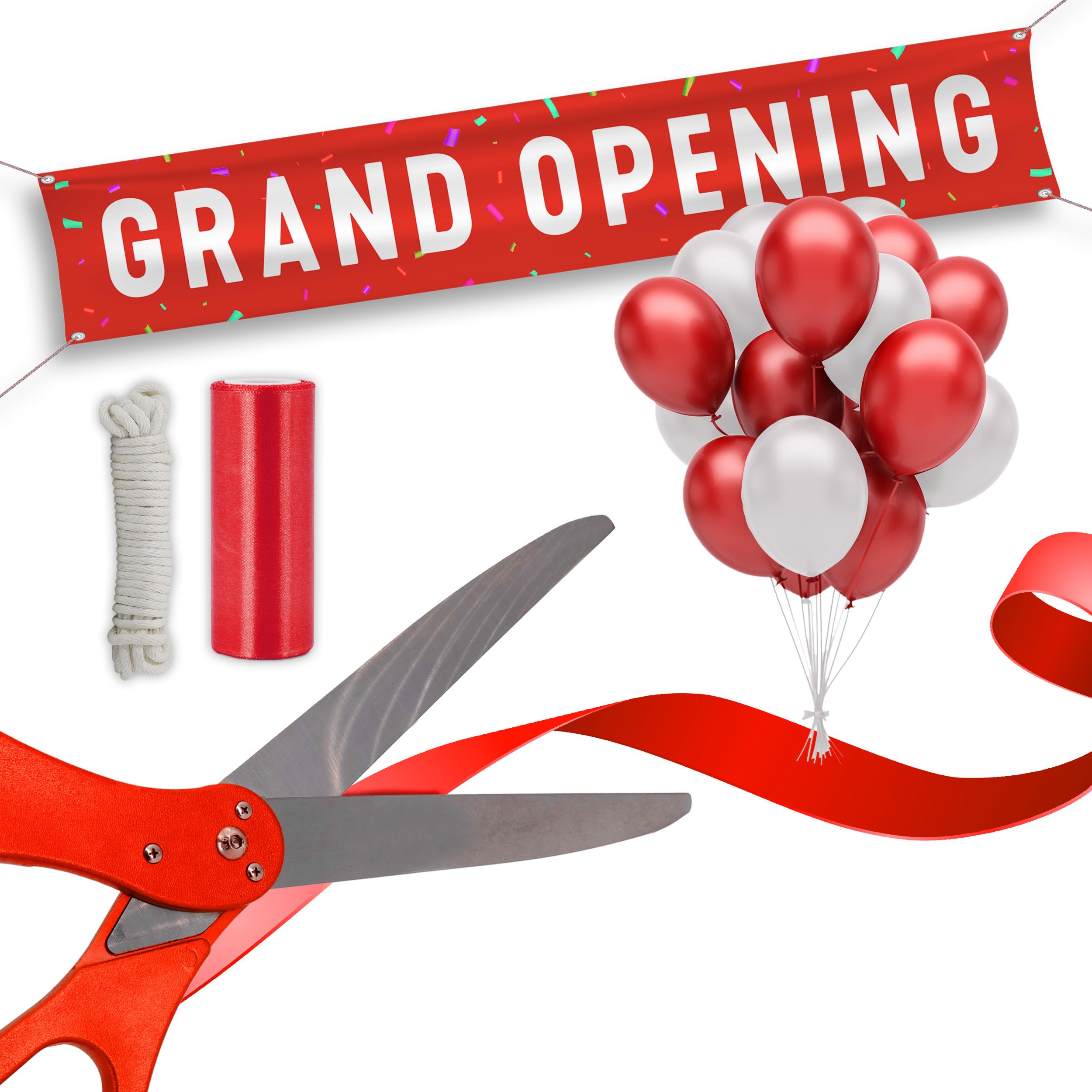 SIRCLES Grand Opening Ribbon Cutting Ceremony Kit - 25" Giant Scissors, 5yd of 4" Wide Ribbon, 10ft Banner, 8 Red & 8 White Balloons, 19 ft Banner Rope, 2 Rolls Balloon Ribbon - Grand Opening Kit