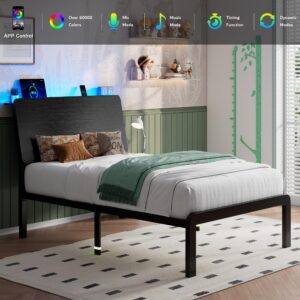 iPormis Metal Twin Bed with Ergonomic Wooden Headboard, Platform Beds with LED Lights and Charging Station, Sturdy Steel Slats Supports, No Box Spring Needed, Noise-Free, Easy Assembly, Black