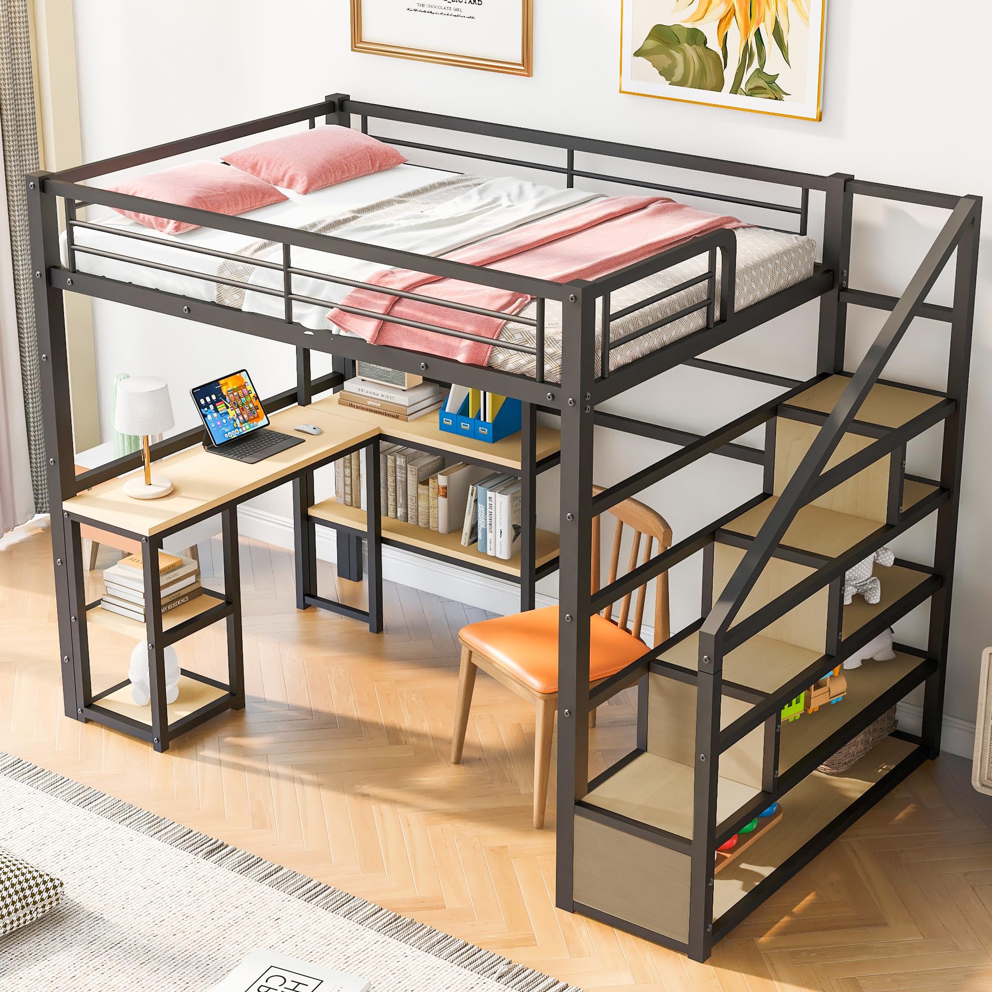 Bellemave Full Loft Bed with Desk Metal Loft Bed with Bookcase, Storage Staircase and 4-Tier Shelves, Full Size Loft Bed for Kids, Teens, Adults, Black