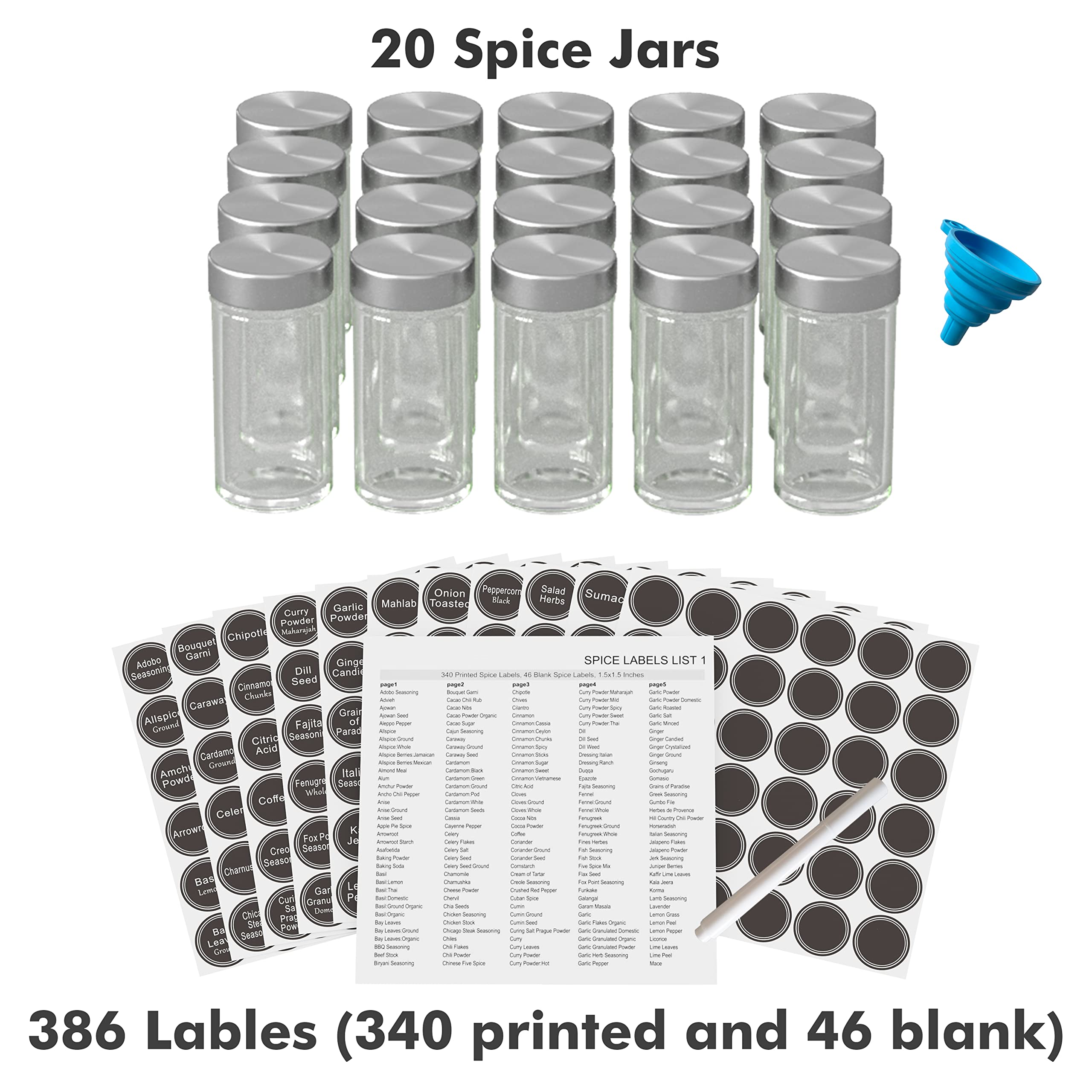 New England Stories Revolving Spice Rack Set with 20 Spice Jars, Kitchen Spice Tower Organizer for Countertop or Cabinet - Carousel Storage Includes 386 Spice Labels (Black)