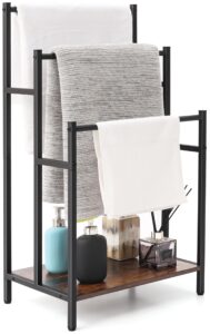 freestanding towel rack stand for bathroom, 3 tier blanket ladder holder, towel drying and display rack with shelf, metal blanket rack, farmhouse rustic brown and black