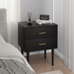 Smart FENDE Night Stand, Black Nightstand with 2 Drawers, 26" Tall Modern Bedside Table, Mid Century Modern End Table, Wood Night Stand with Solid Wood Leg for Bedroom