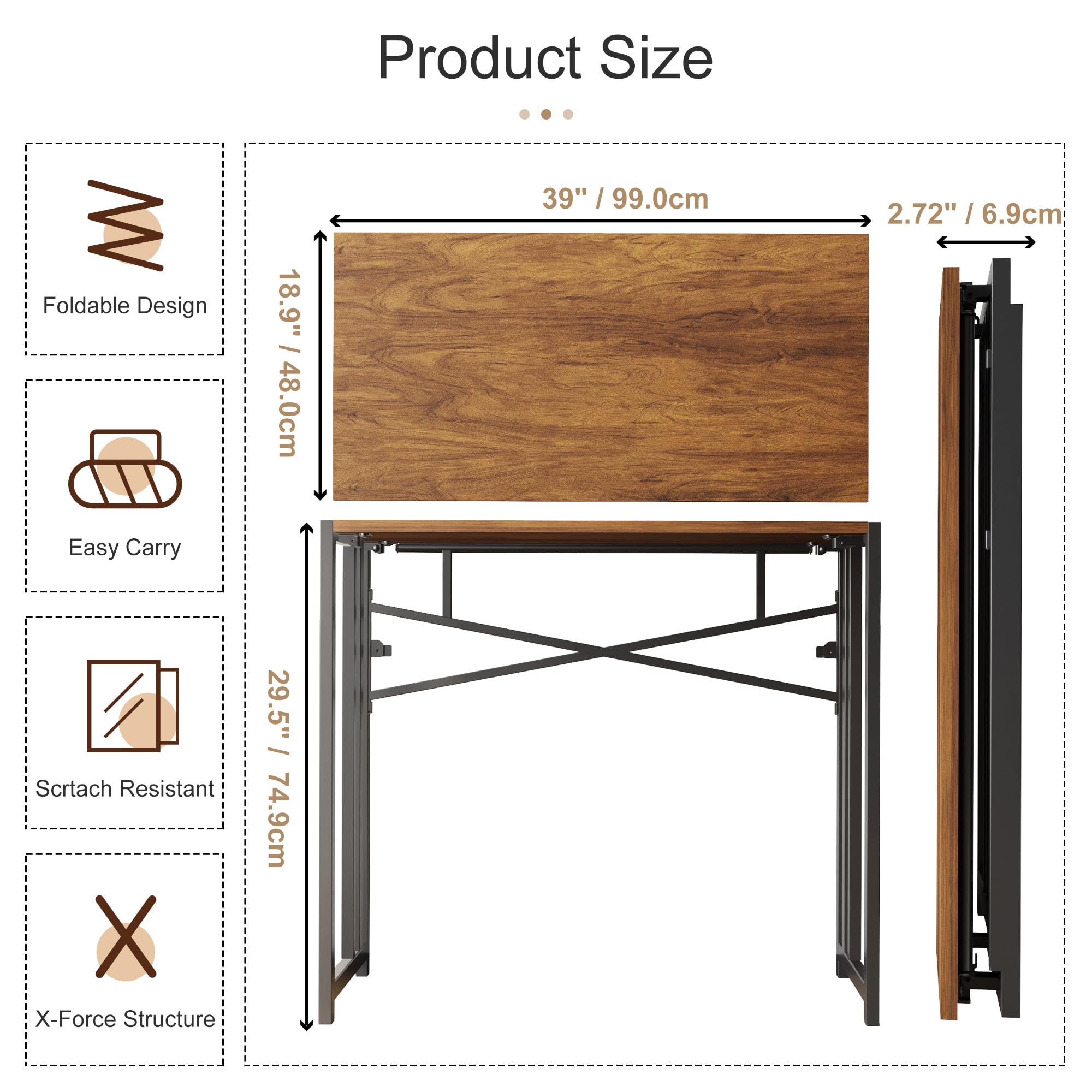 EMODA Folding Computer Desk 40 inch, No Assembly Needed Home Office Table Study Writing Gaming Desk, Mahogany