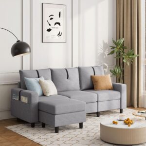 tornama 80" l shaped sectional sofas 3 seater couch with reversible ottoman modern linen fabric small sectional couch for living room, apartment, small space, light grey