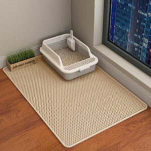 hcy&wld cat litter mat, 45x26/35x24/30x22/24x18 inch double layer cat litter box mat, eva non-slip, waterproof urine proof cat litter catcher mat, easy clean scatter control (35x24 inch, khaki)