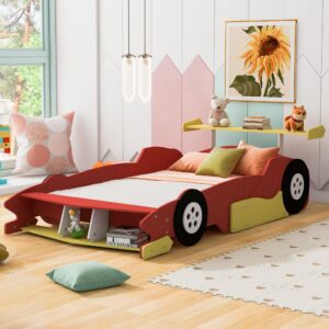 full size race car-shaped platform bed with wheels, unique wooden car bed frame with guardrails and slat support for kids boys girls teens bedroom furniture, no box spring needed (red-03, full)