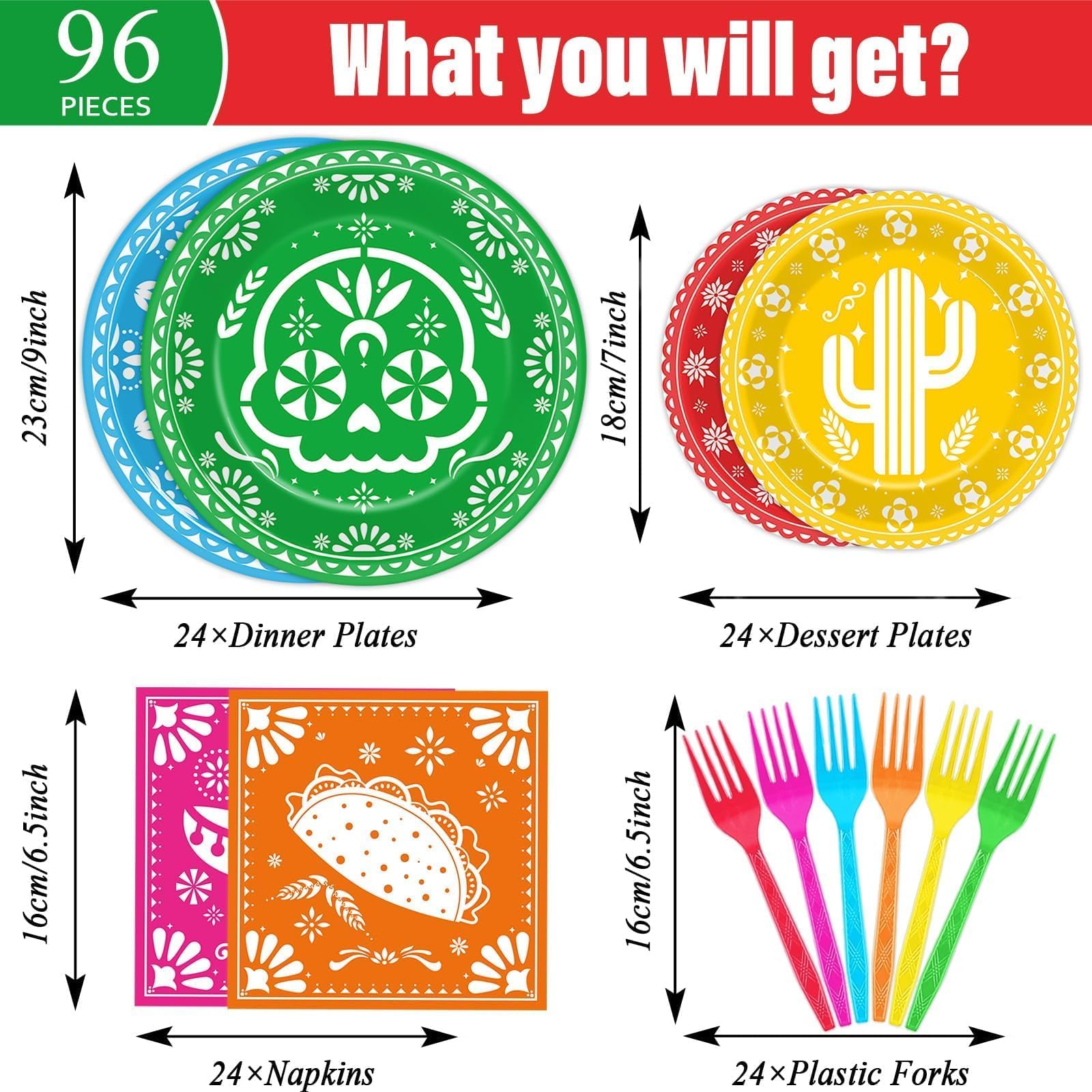 96 Pcs Mexican Fiesta Tableware Cinco De Mayo Party Supplies for 24 Guests Mexican Papel Picado Plates Napkins for Mexican Fiesta Party Decorations Fiesta Taco Birthday Baby Shower Party Favors