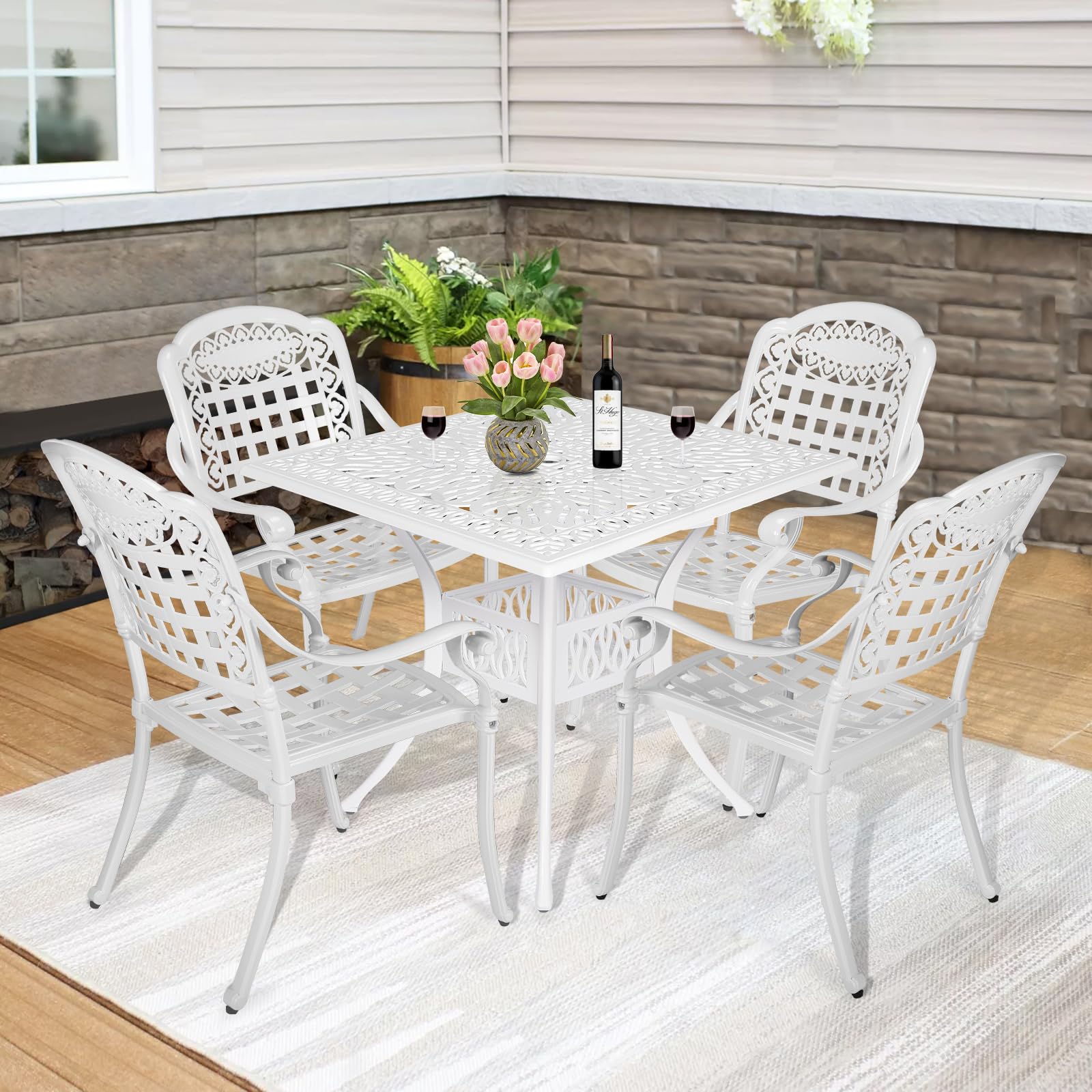 MEETWARM 5-Piece Outdoor Patio Dining Set, All-Weather Cast Aluminum Patio Conversation Set for Backyard Garden Deck with 4 Chairs, 4 Cushions and 35.4" Square Table with Umbrella Hole, White